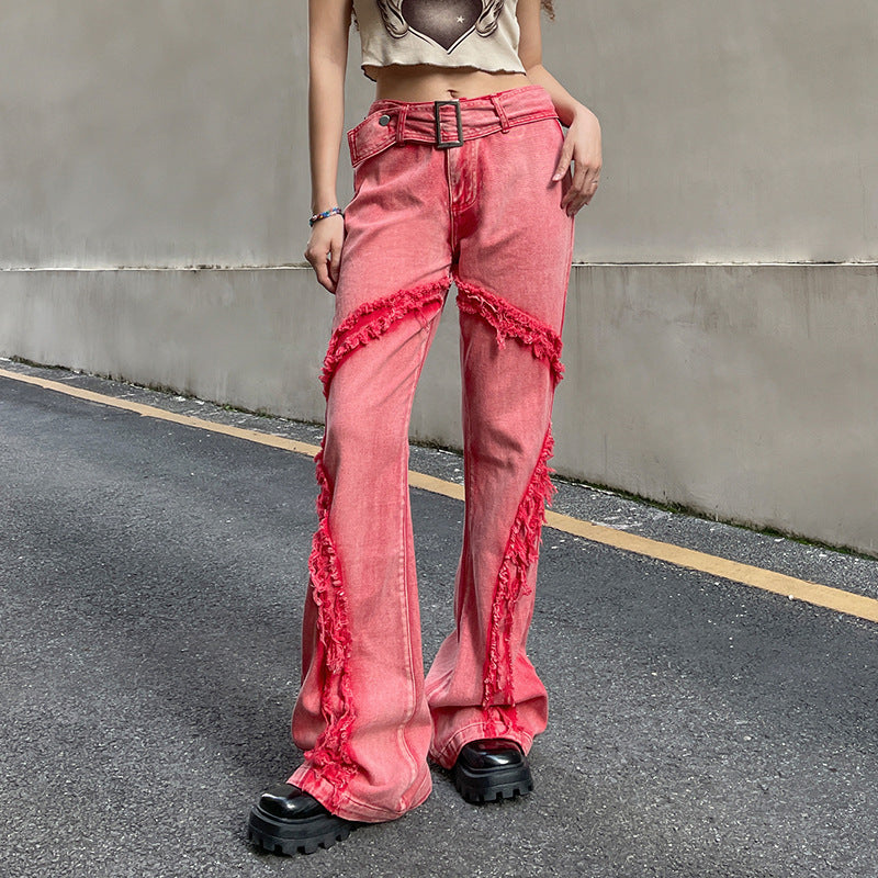 Splicing Contrasting Color Tassel Metal Button Belt Pants