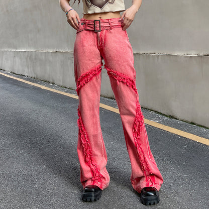 Splicing Contrasting Color Tassel Metal Button Belt Pants