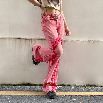 Splicing Contrasting Color Tassel Metal Button Belt Pants