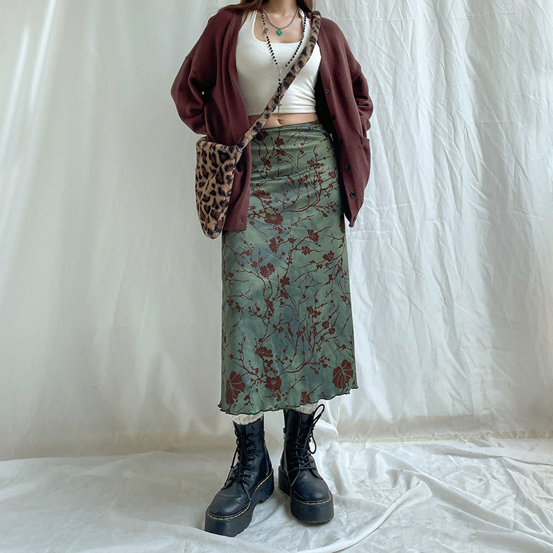 Chinese Style Literary Retro Print Straight Mid Length Skirt