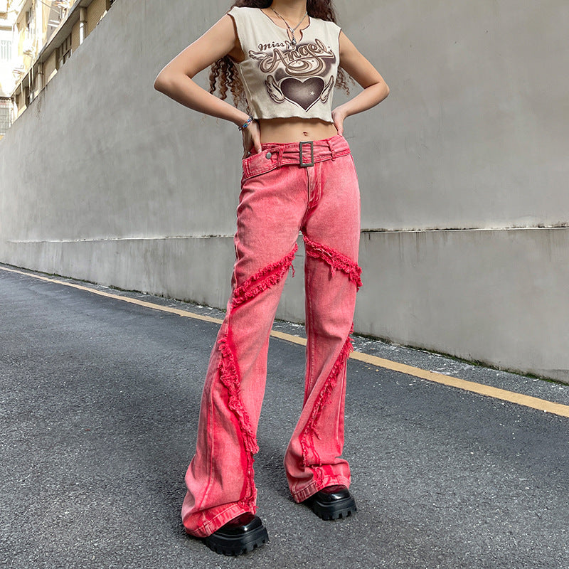 Splicing Contrasting Color Tassel Metal Button Belt Pants