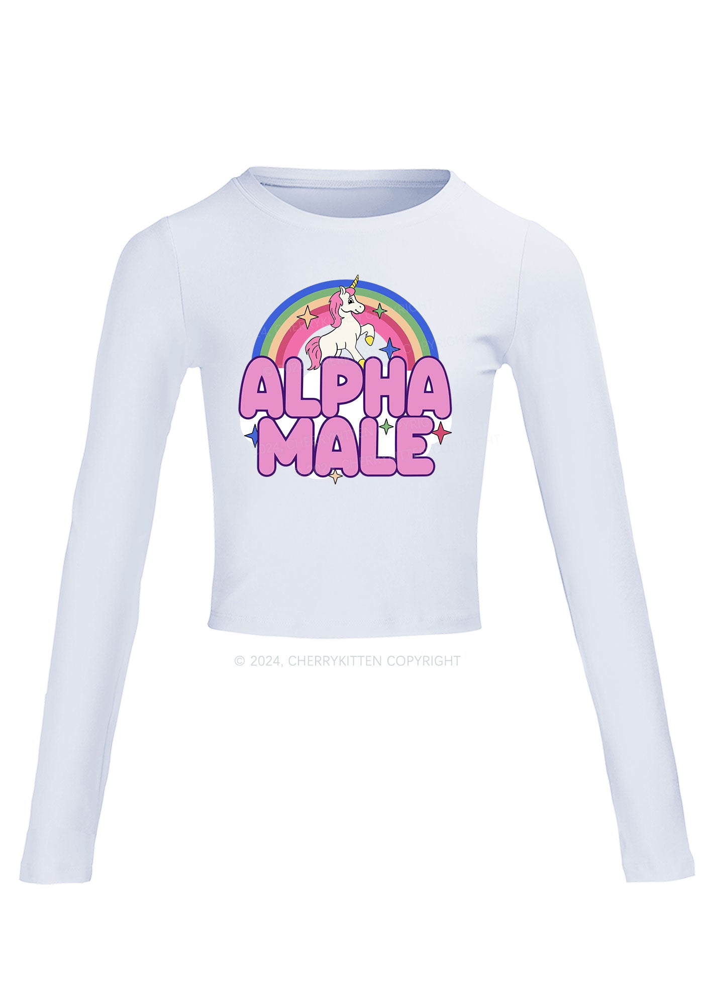 Rainbow Unicorn Alpha Male Y2K Long Sleeve Crop Top Cherrykitten