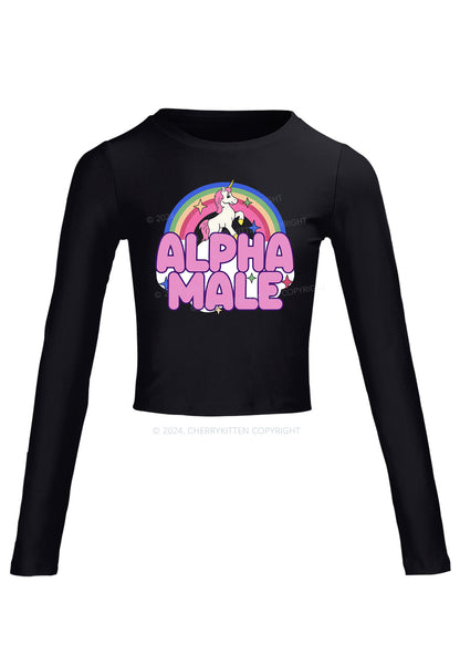 Rainbow Unicorn Alpha Male Y2K Long Sleeve Crop Top Cherrykitten