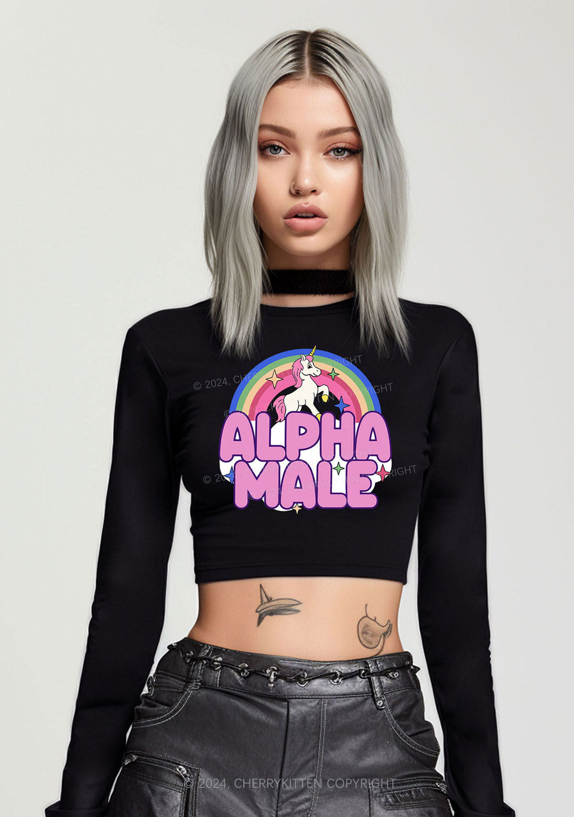 Rainbow Unicorn Alpha Male Y2K Long Sleeve Crop Top Cherrykitten