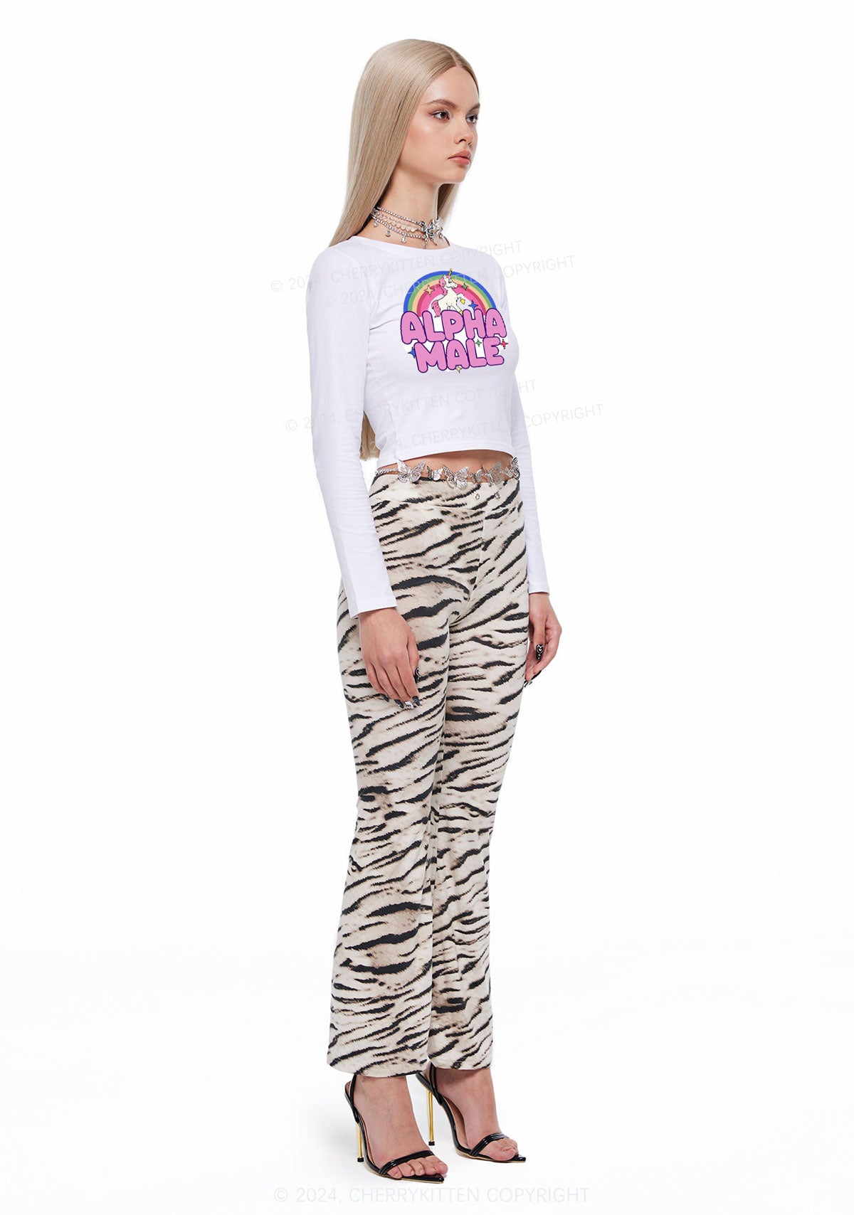 Rainbow Unicorn Alpha Male Y2K Long Sleeve Crop Top Cherrykitten