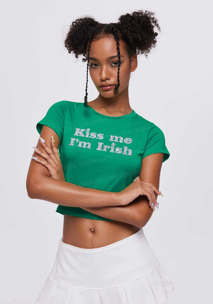 Glitter Kiss Me St Patricks Y2K Baby Tee Cherrykitten