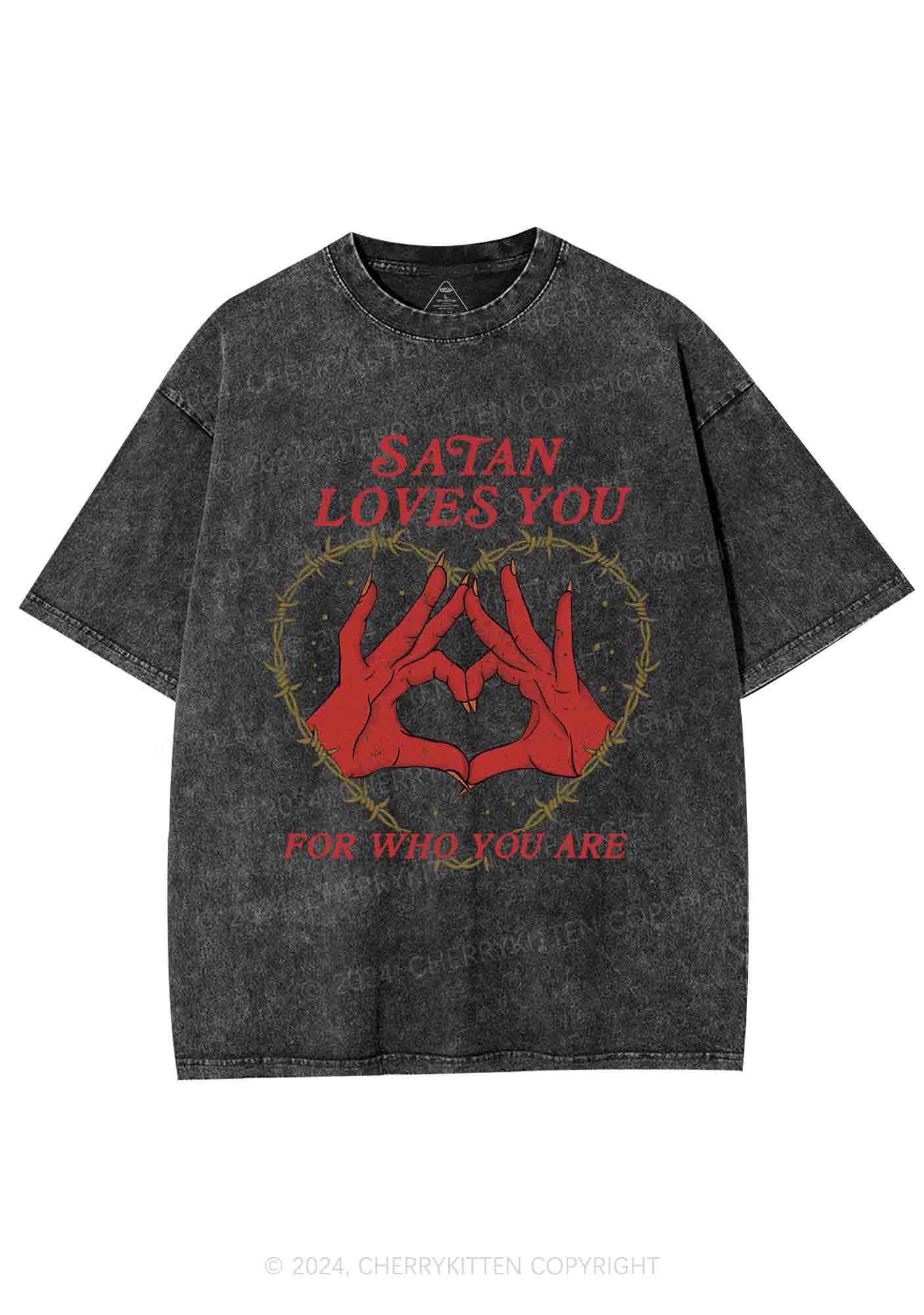 Satan Loves You Heart Halloween Y2K Washed Tee Cherrykitten