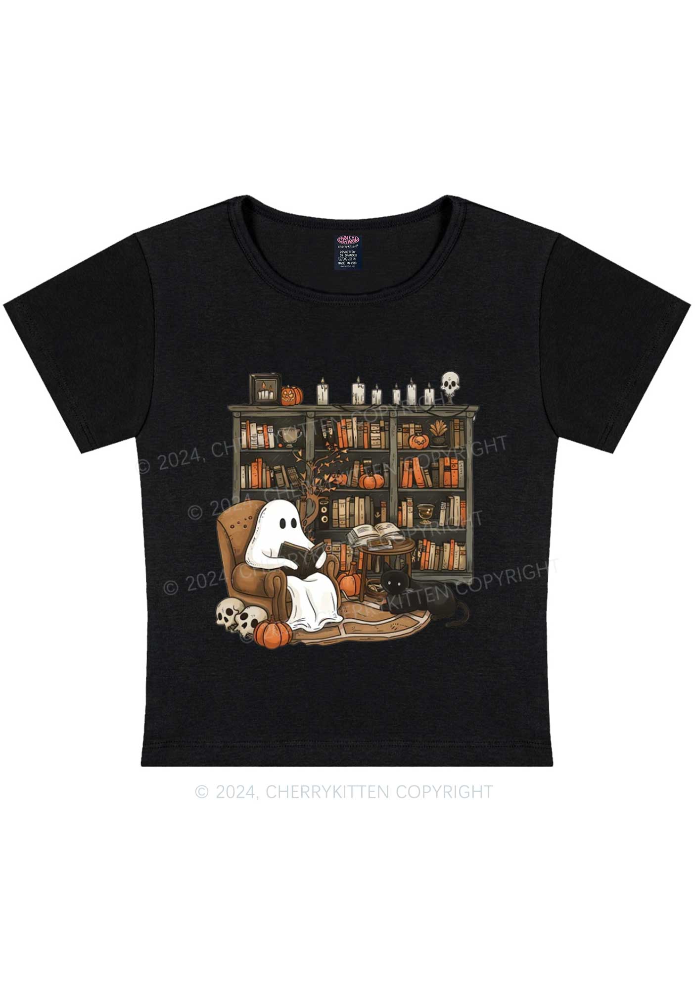 Halloween Ghost Reading Y2K Baby Tee Cherrykitten