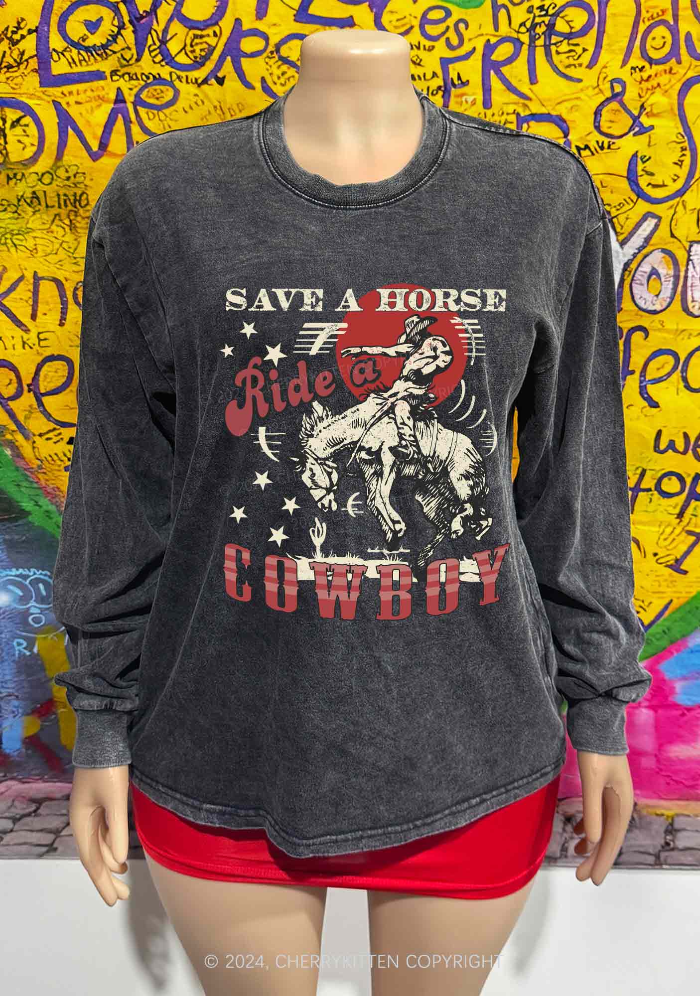 Ride A Cowboy Y2K Washed Long Sleeves Cherrykitten