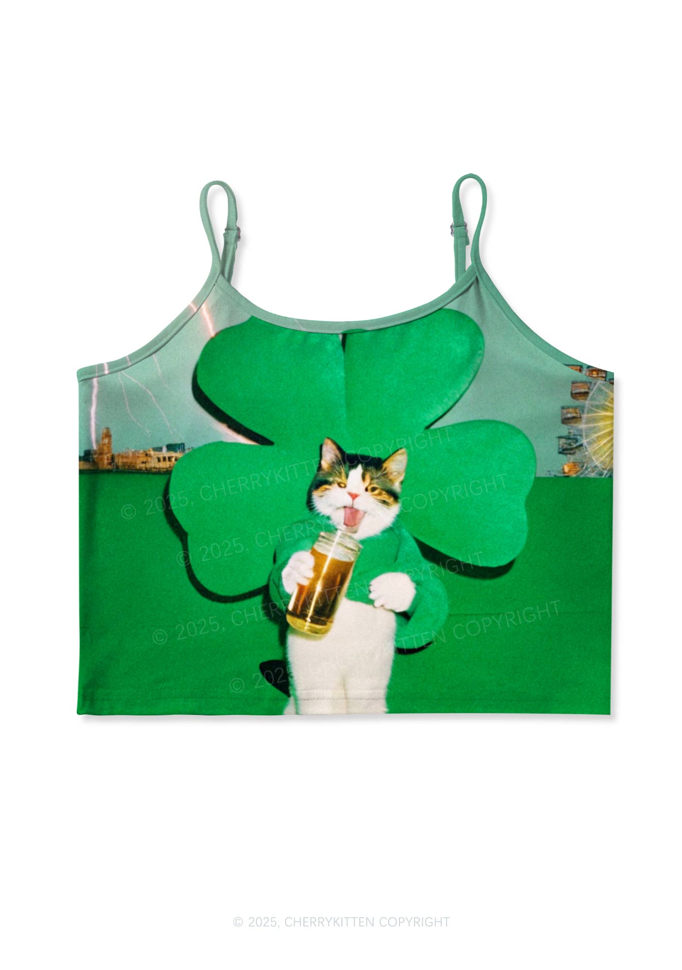 Lucky Cat St Patricks Y2K Print Cami Crop Top Cherrykitten