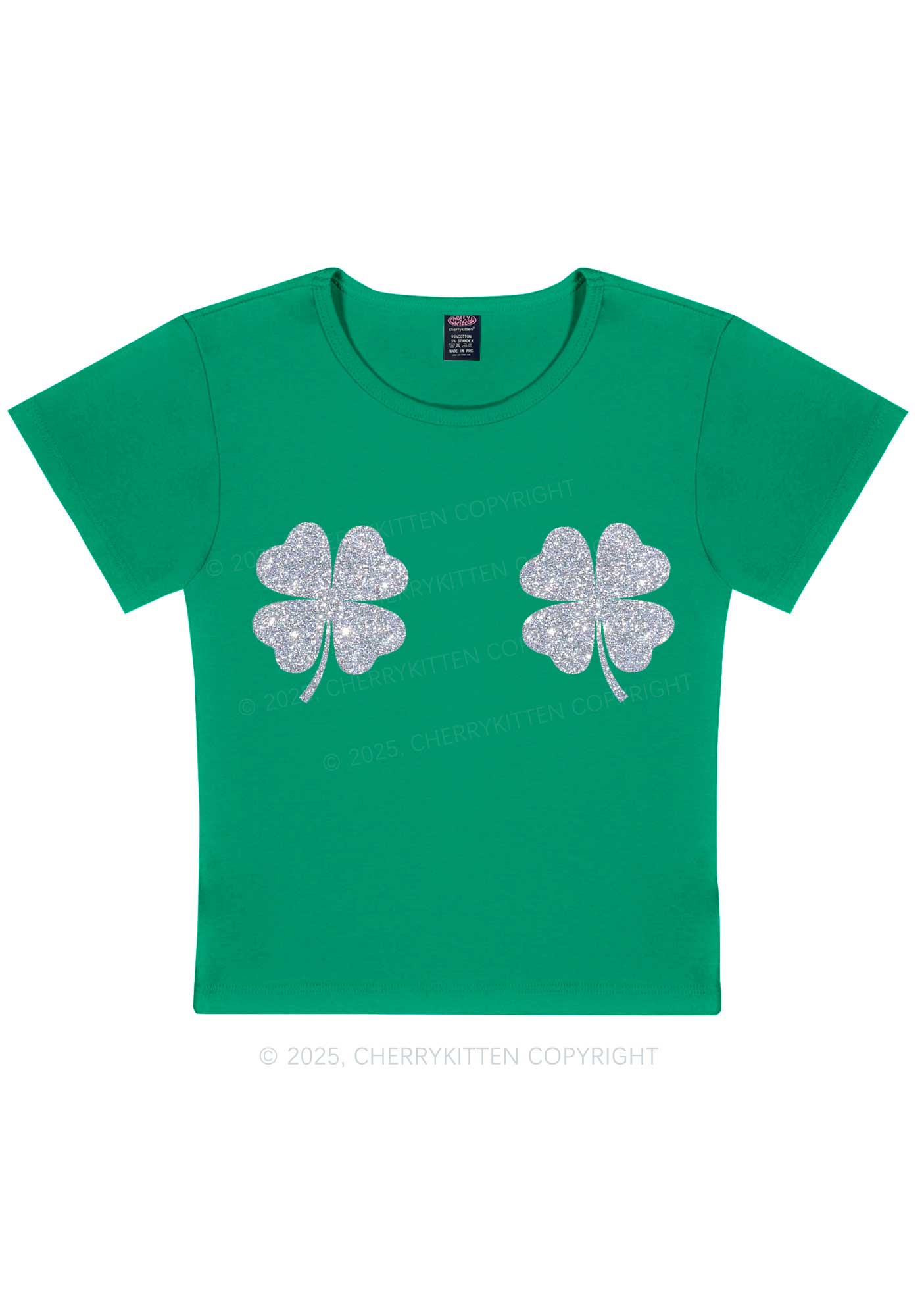 Glitter Four Leaf Clover St Patricks Y2K Baby Tee Cherrykitten