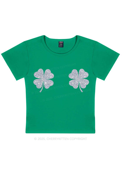 Glitter Four Leaf Clover St Patricks Y2K Baby Tee Cherrykitten