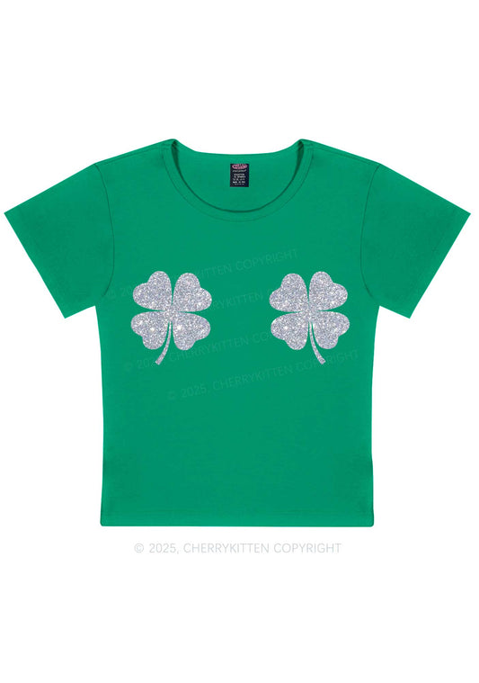 Glitter Four Leaf Clover St Patricks Y2K Baby Tee Cherrykitten