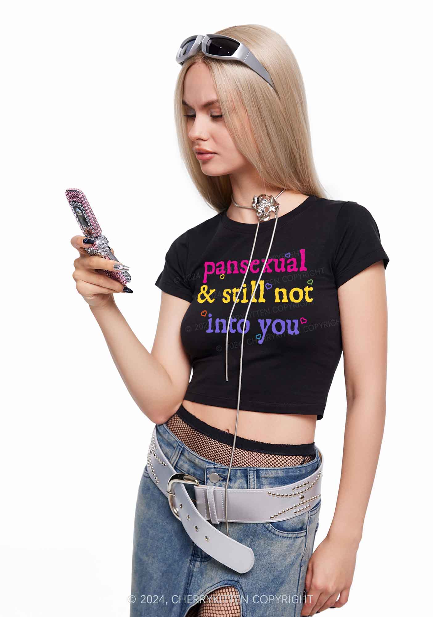 Pansexual Not Into You Y2K Baby Tee Cherrykitten