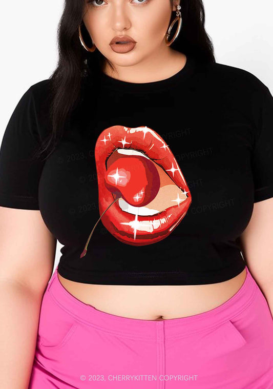 Curvy Red Cherry Lipstick Y2K Baby Tee Cherrykitten