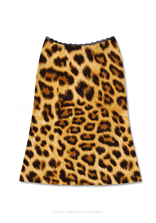 Brown Leopard Y2K Print Midi Skirt Cherrykitten