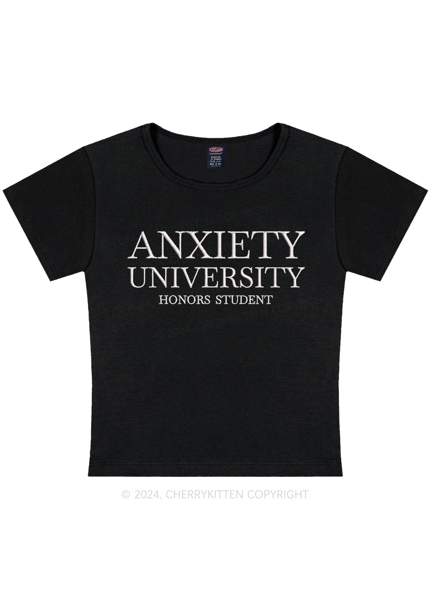 Embroidered Anxiety University Y2K Baby Tee Cherrykitten