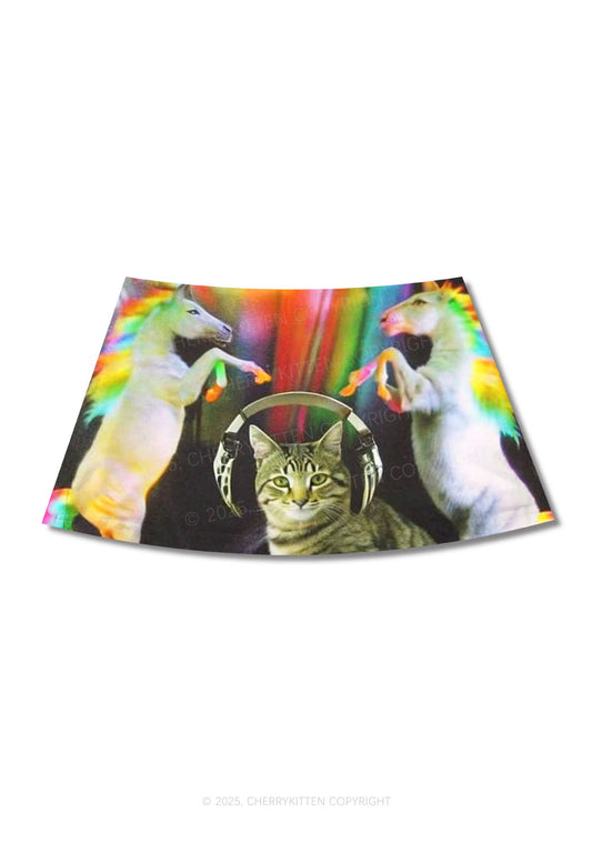 DJ Cat Unicorn Y2K Print Mini Skirt Cherrykitten