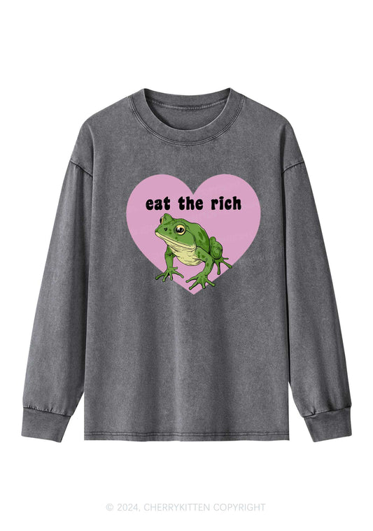 Eat The Rich Frog Y2K Washed Long Sleeves Cherrykitten