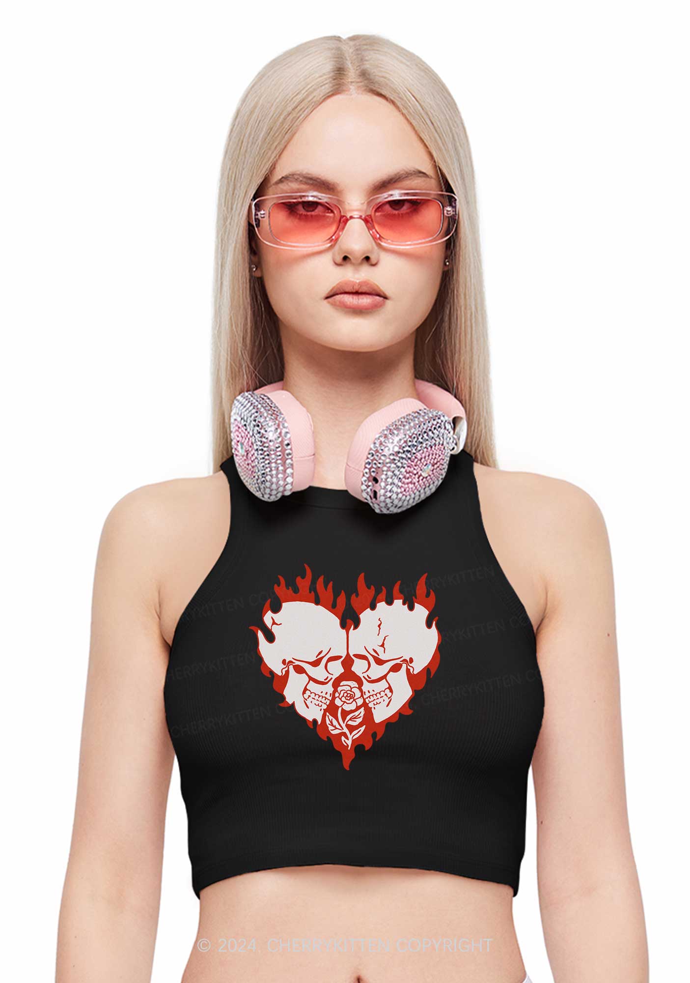 Heart Skull Y2K Valentine's Day Crop Tank Top Cherrykitten