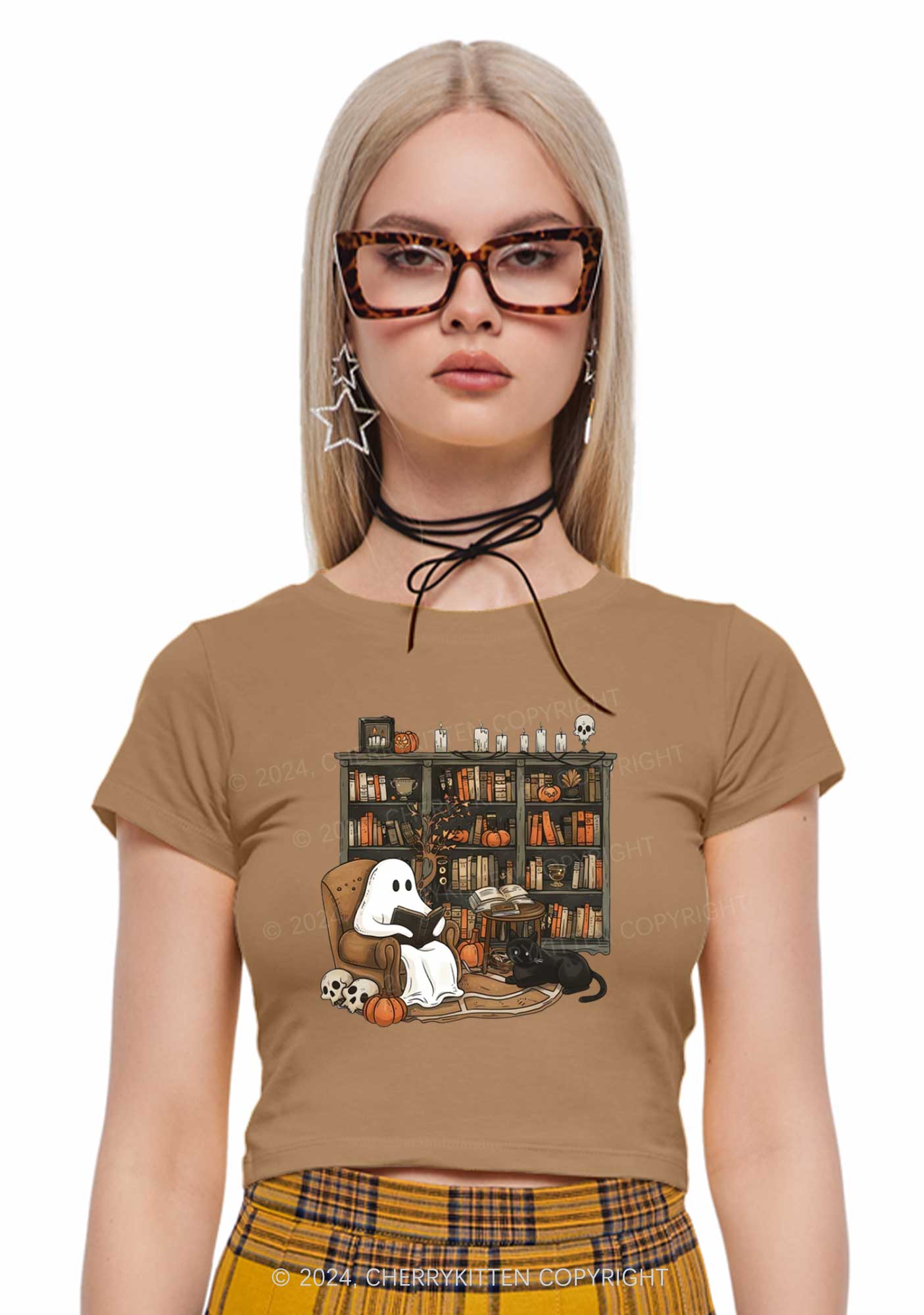 Halloween Ghost Reading Y2K Baby Tee Cherrykitten