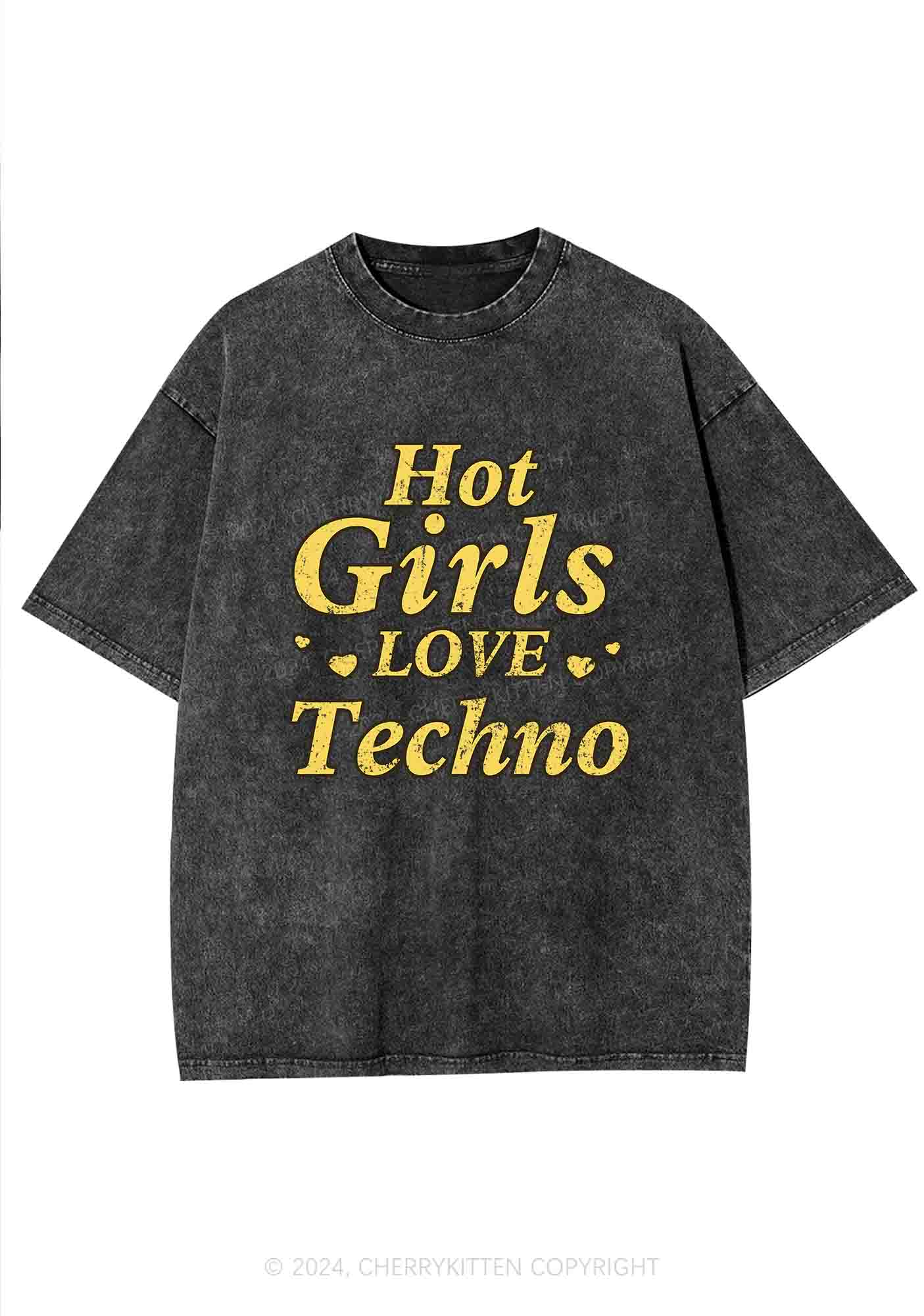 Hot Girls Love Techno Y2K Washed Tee Cherrykitten