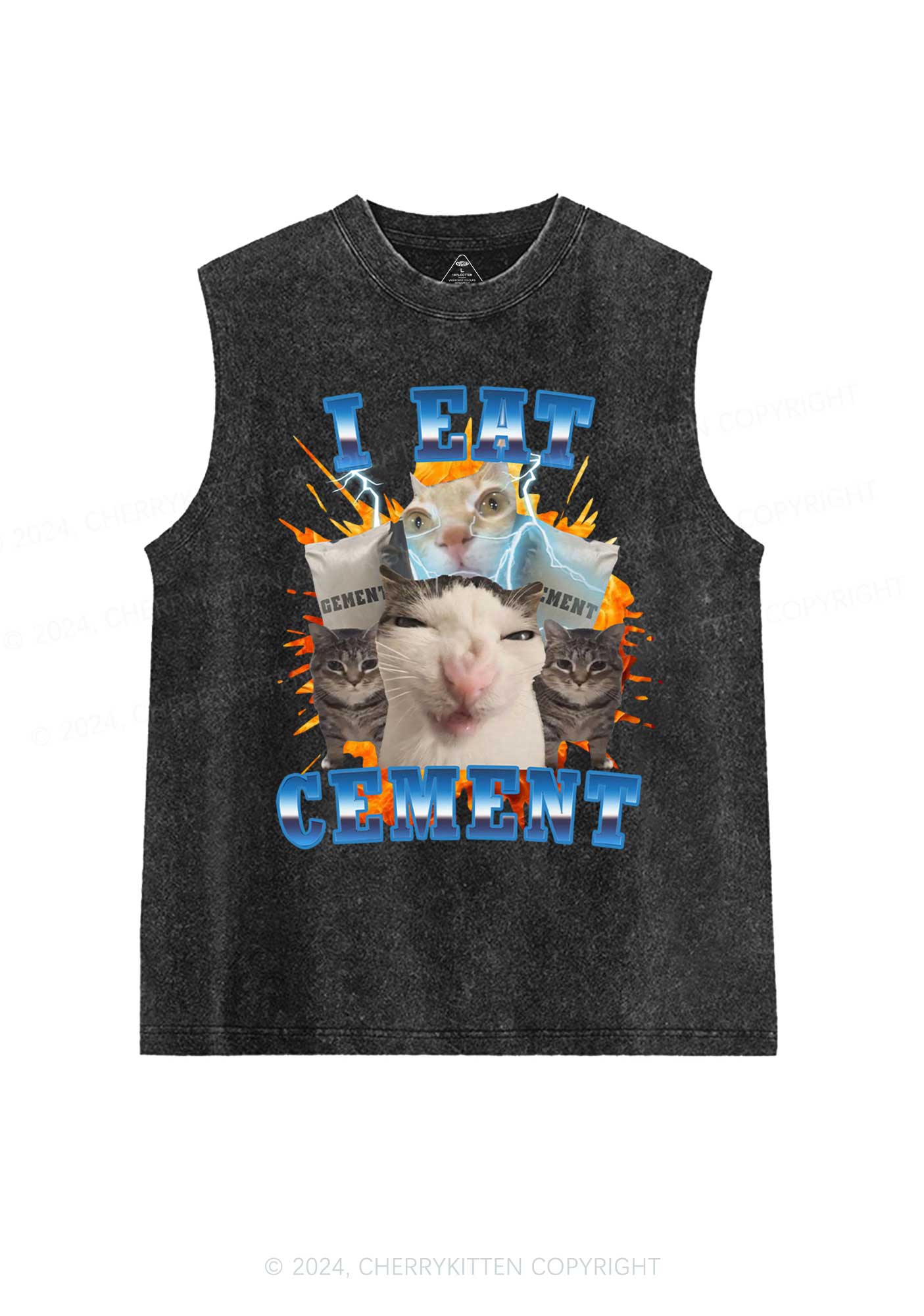 I Eat Cement Funny Cat Y2K Washed Tank Cherrykitten