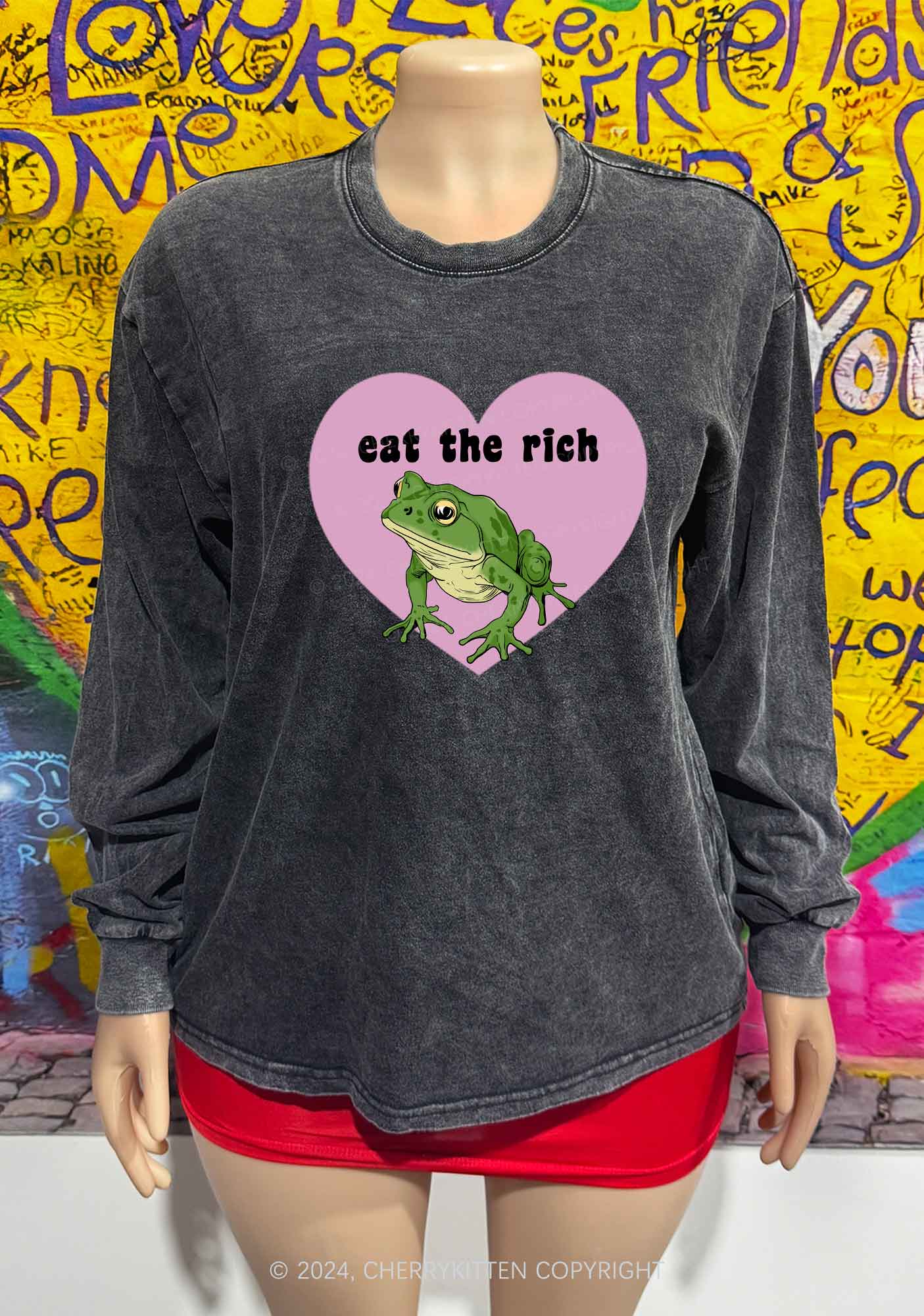 Eat The Rich Frog Y2K Washed Long Sleeves Cherrykitten