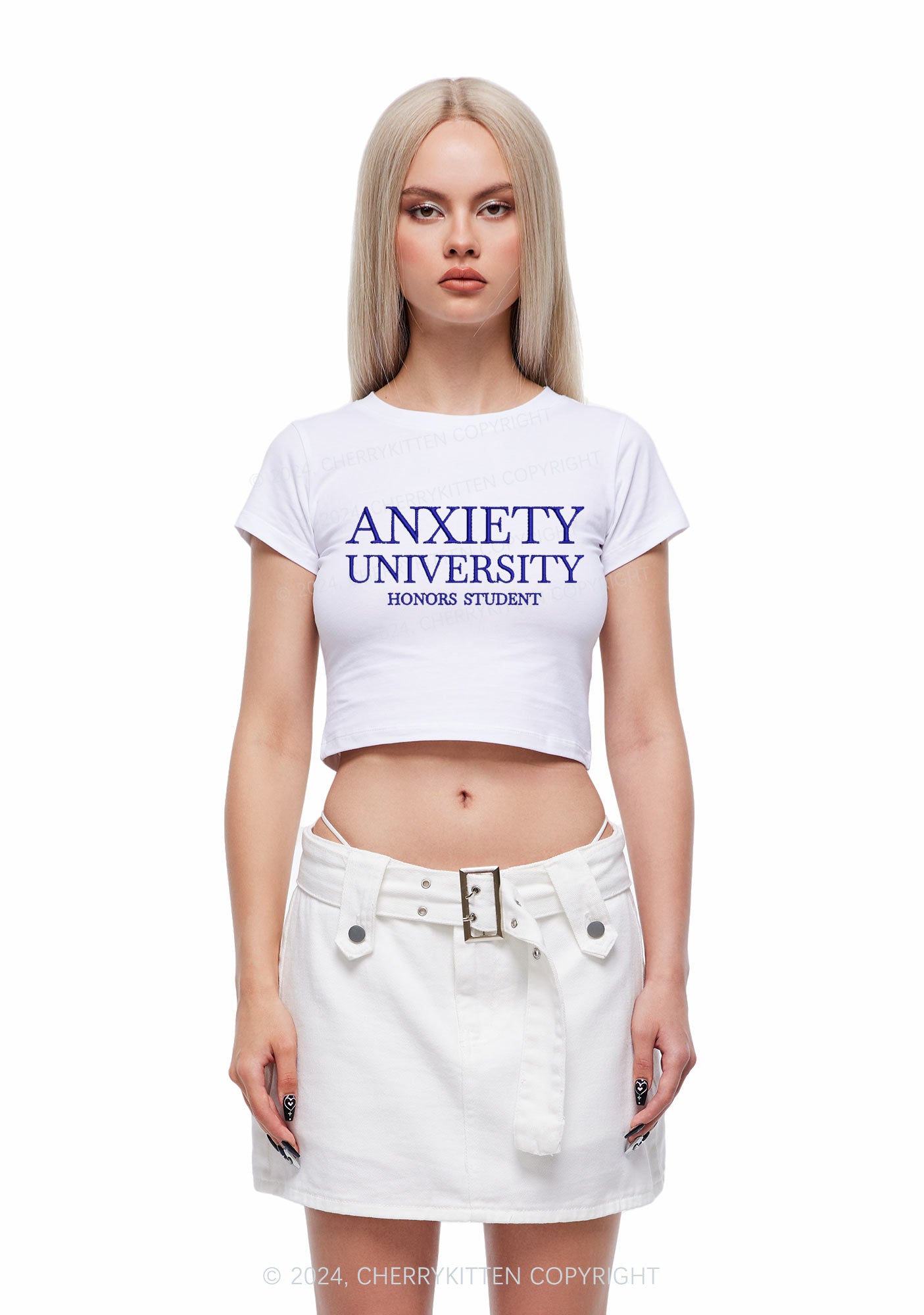 Embroidered Anxiety University Y2K Baby Tee Cherrykitten