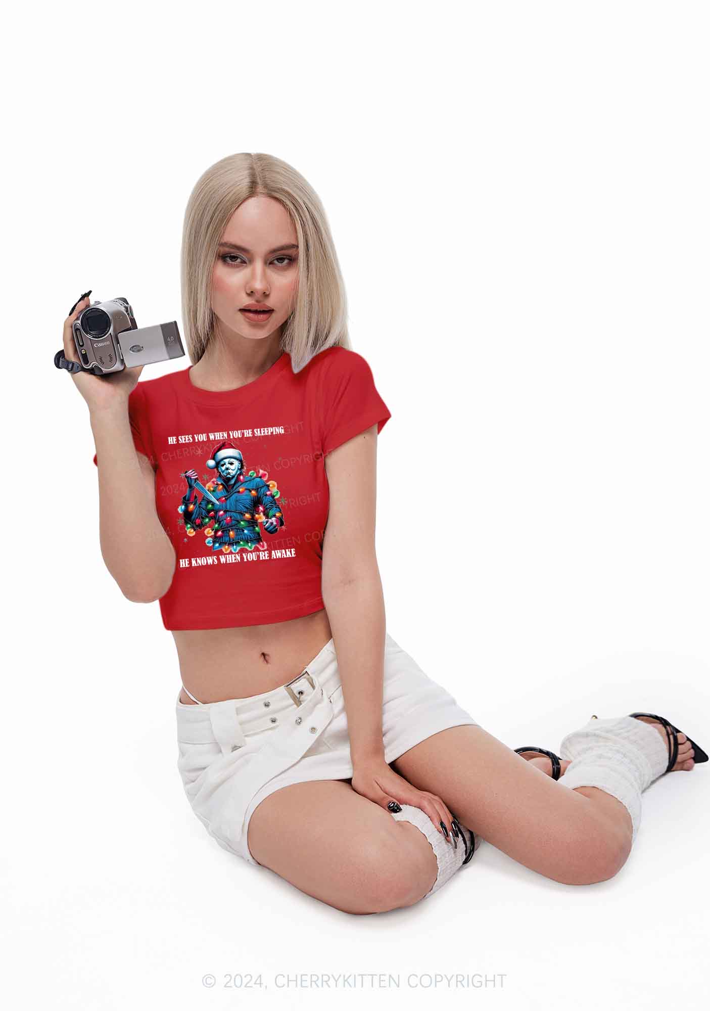 Christmas He Sees You Y2K Baby Tee Cherrykitten