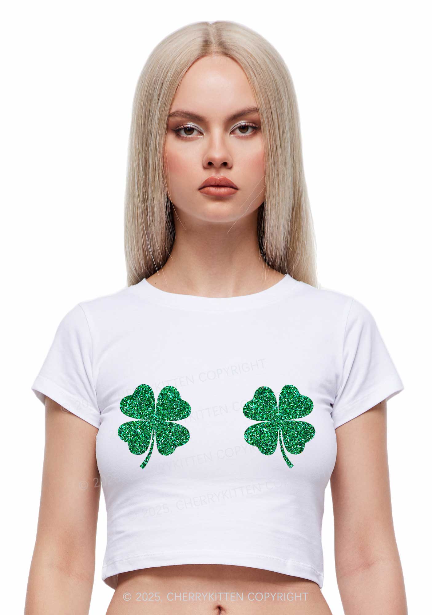 Glitter Four Leaf Clover St Patricks Y2K Baby Tee Cherrykitten