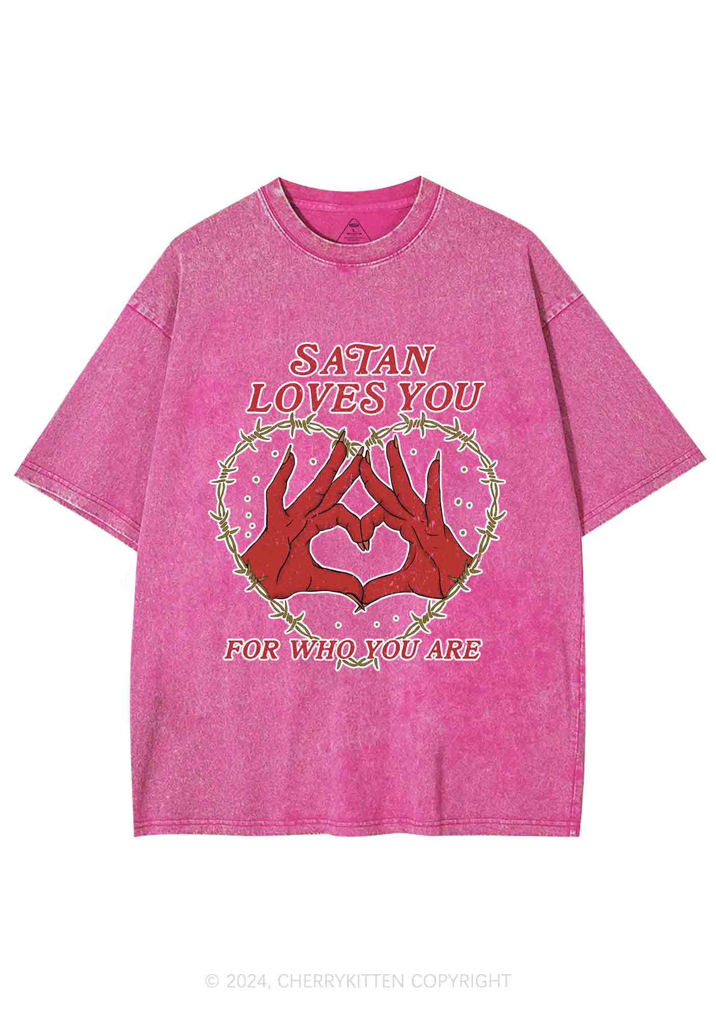 Satan Loves You Heart Halloween Y2K Washed Tee Cherrykitten