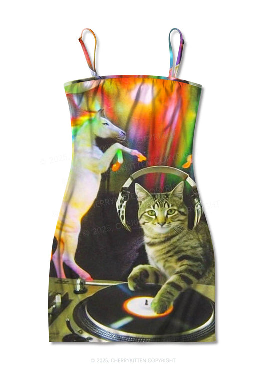 DJ Cat Unicorn Y2K Print Slip Dress Cherrykitten