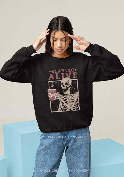 Staying Alive Skeleton Halloween Y2K Sweatshirt Cherrykitten