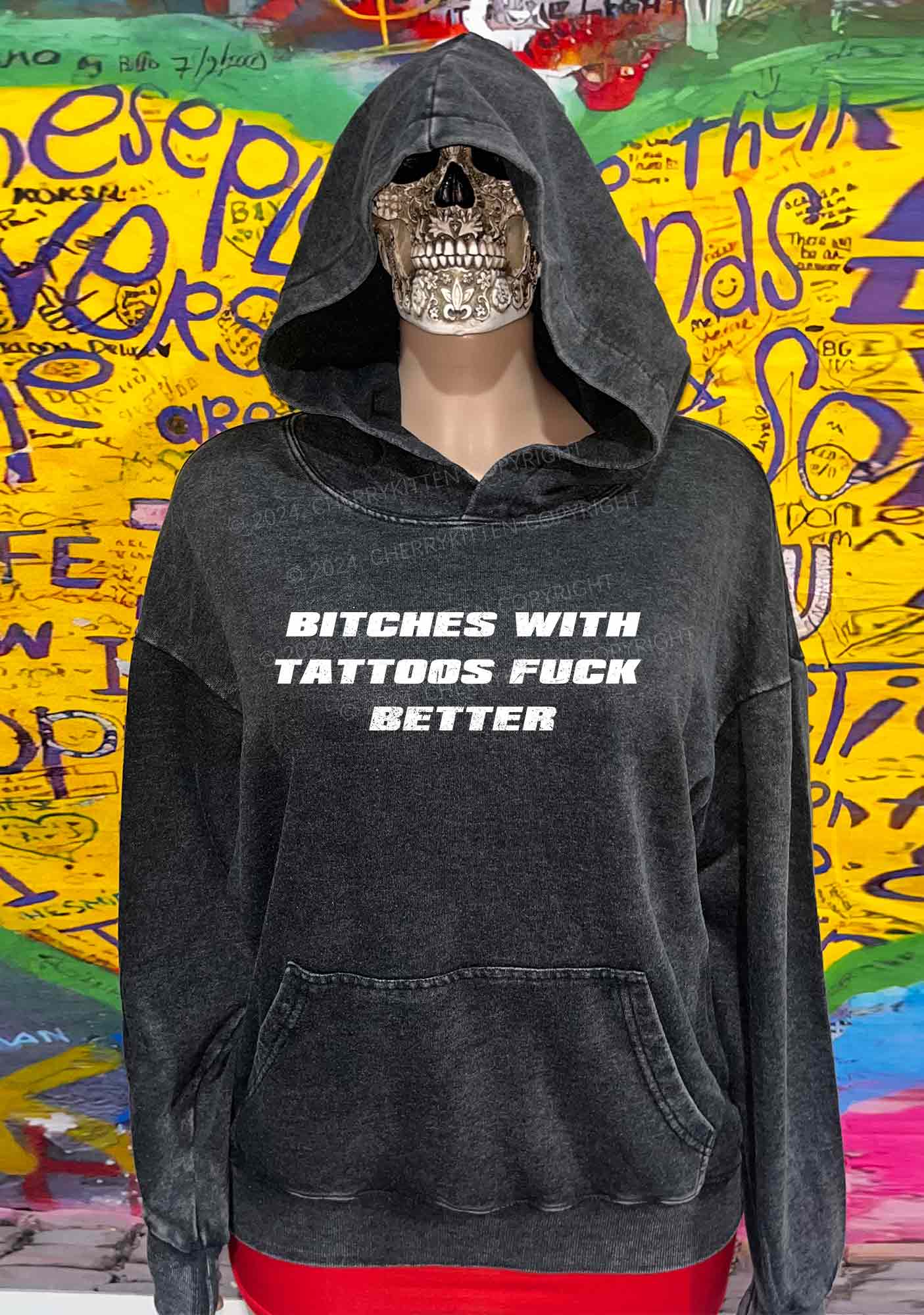 Bxxches With Tattoos Fxxk Better Y2K Washed Hoodie Cherrykitten