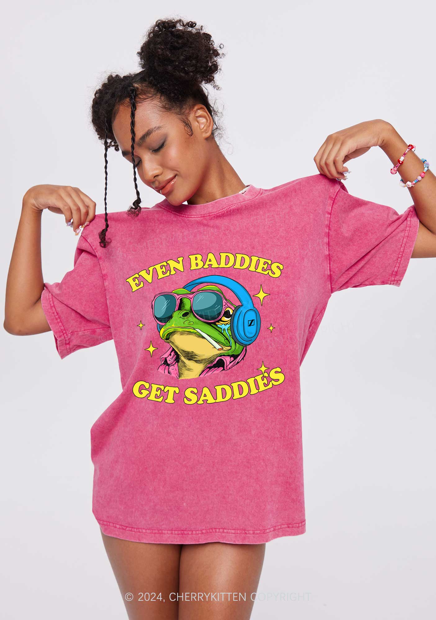 Baddies Frog Get Saddies Y2K Washed Tee Cherrykitten