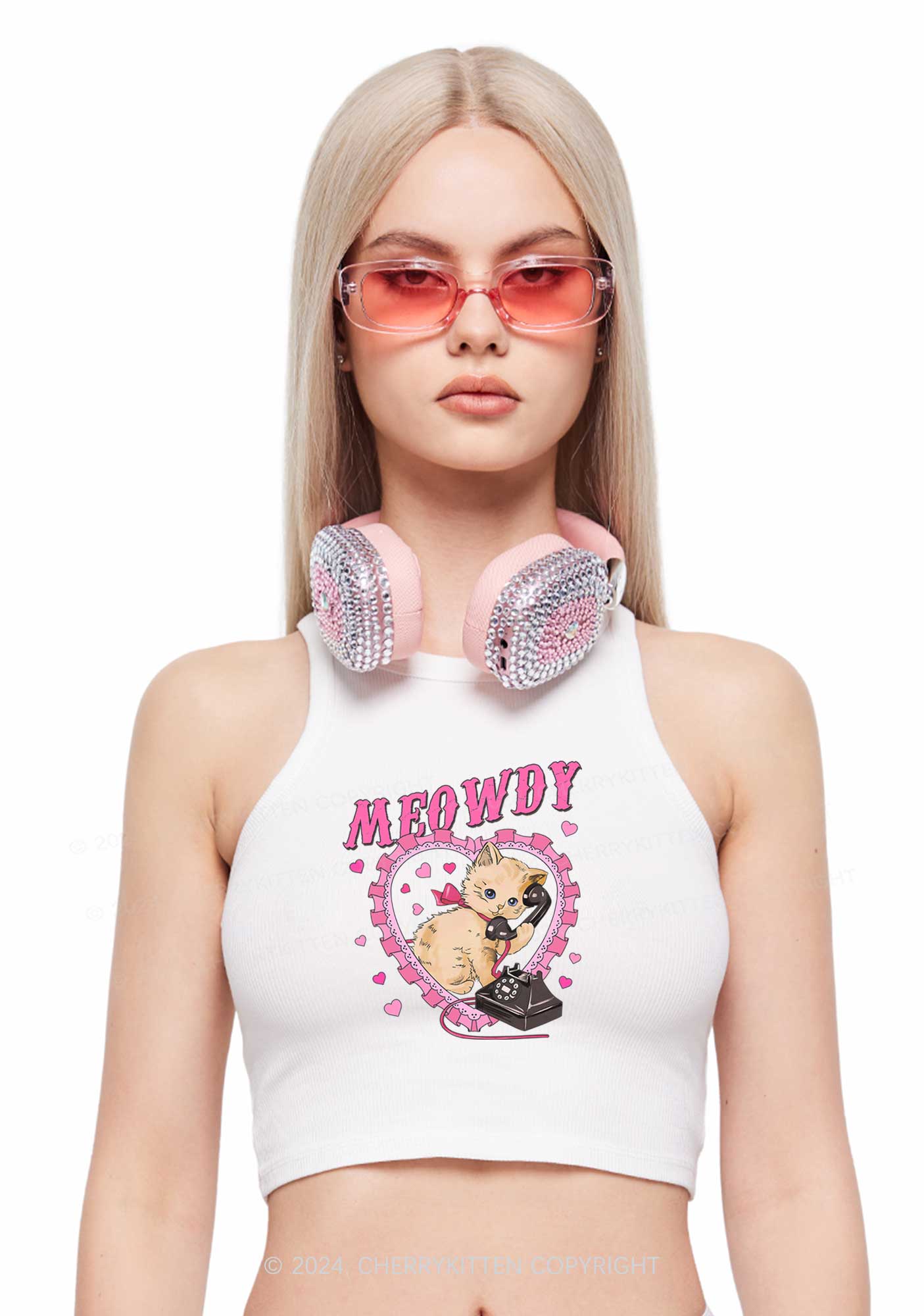 Meowdy Cat Y2K Valentine's Day Crop Tank Top Cherrykitten