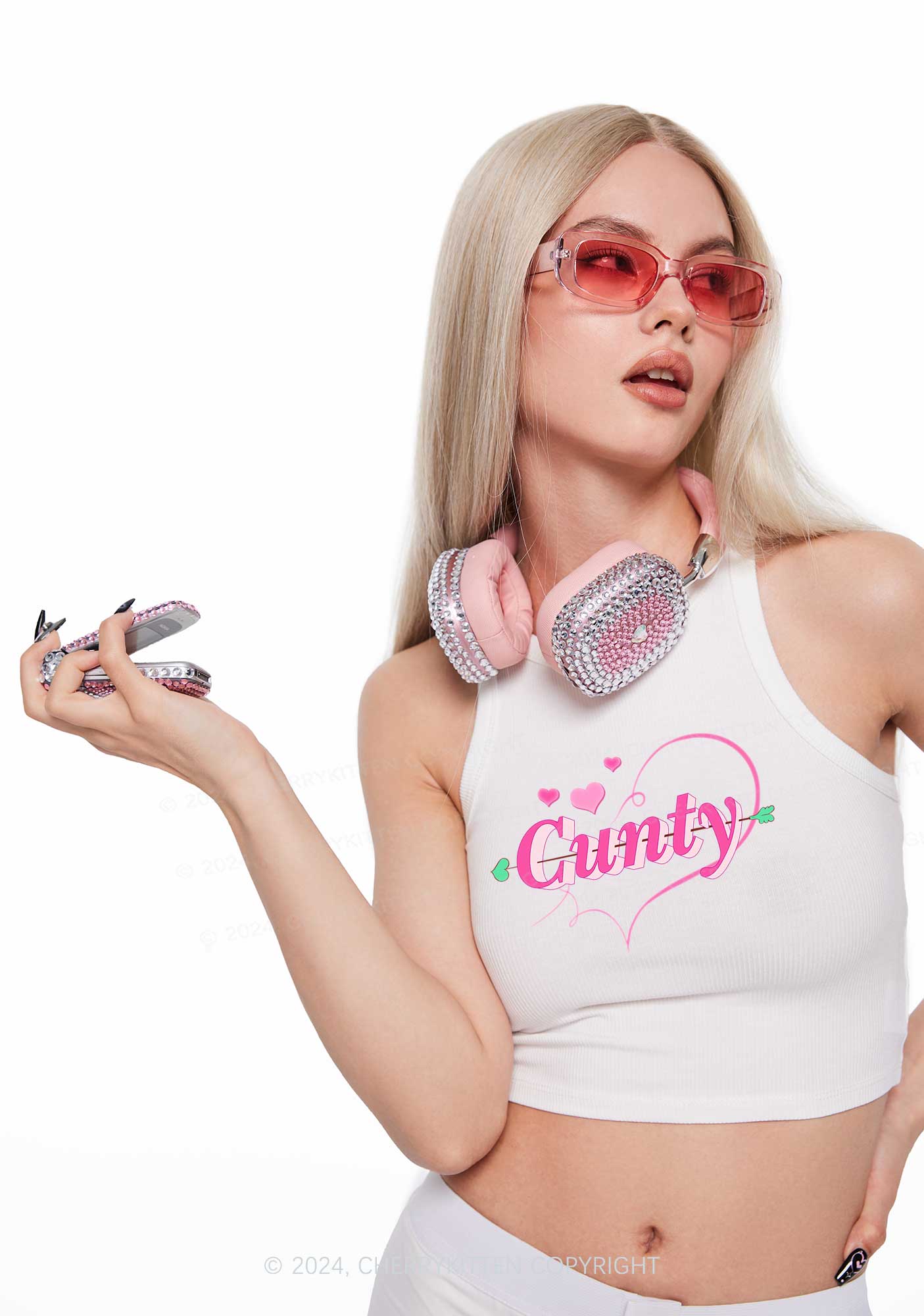 Cunty Pink Heart Y2K Valentine's Day Crop Tank Top Cherrykitten