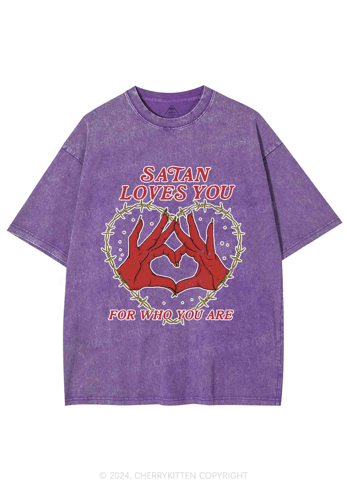 Satan Loves You Heart Halloween Y2K Washed Tee Cherrykitten