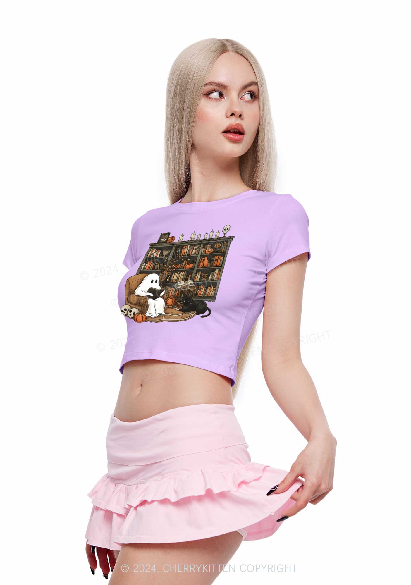 Halloween Ghost Reading Y2K Baby Tee Cherrykitten