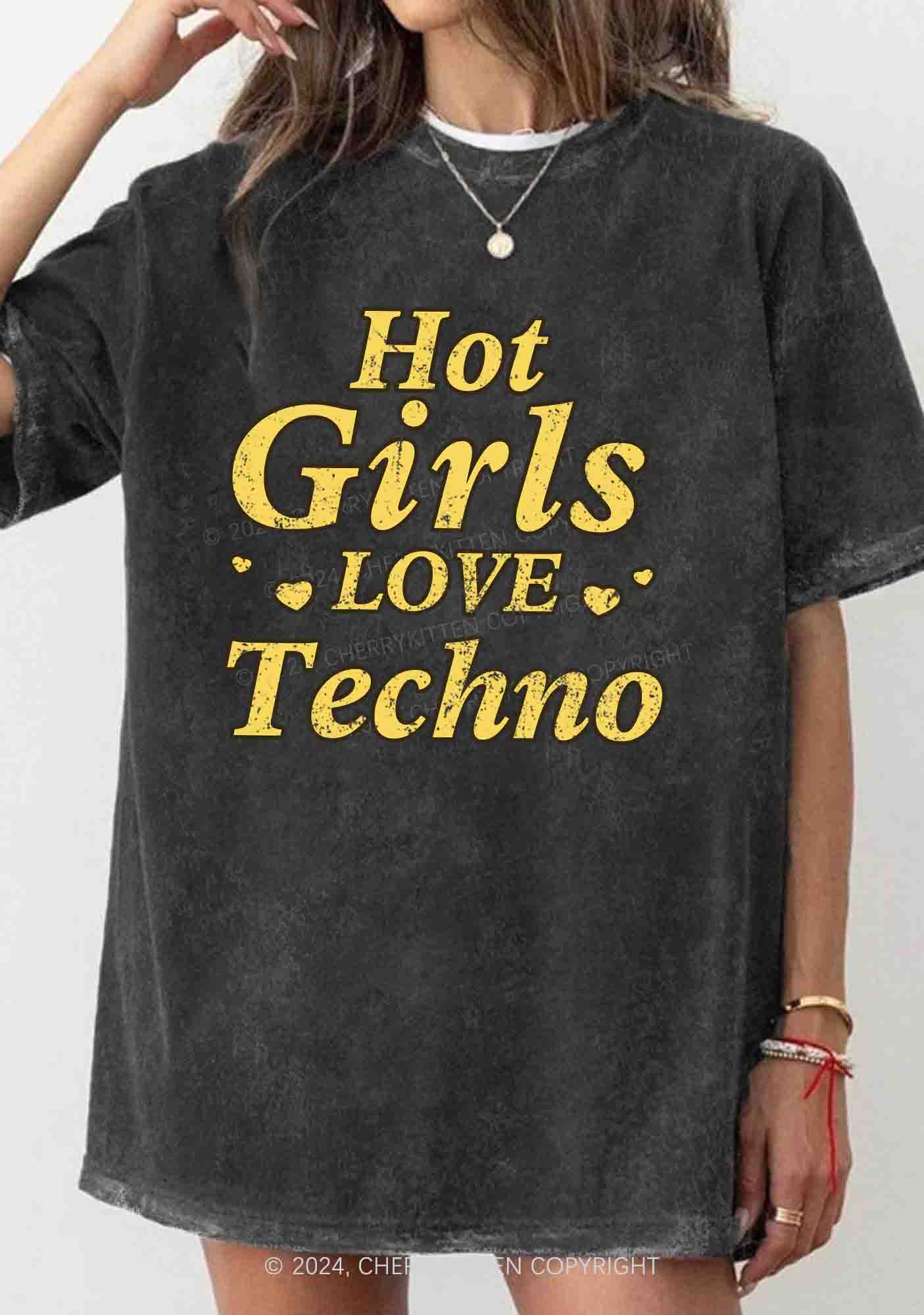 Hot Girls Love Techno Y2K Washed Tee Cherrykitten