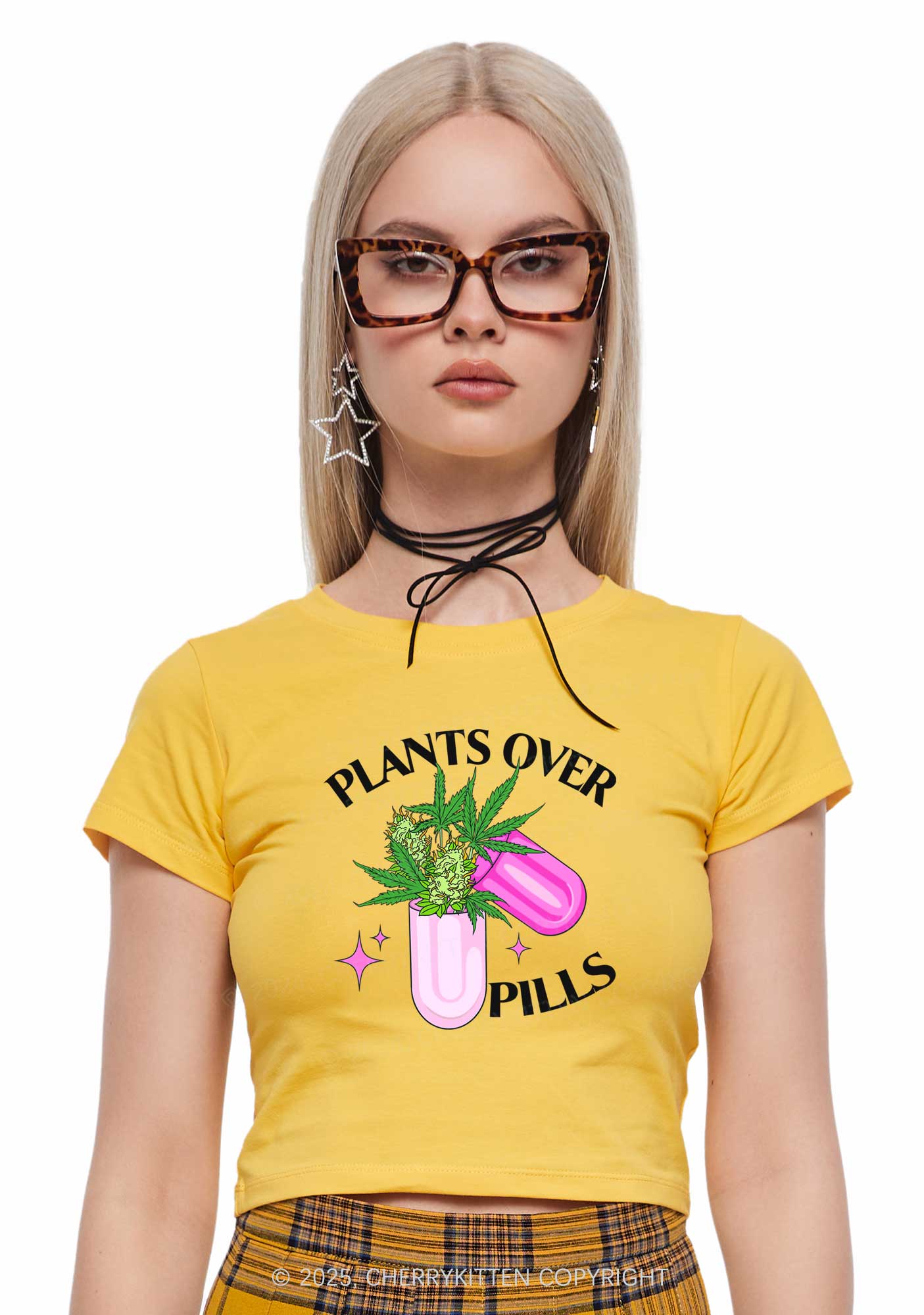 Plants Over Pills Y2K Baby Tee Cherrykitten