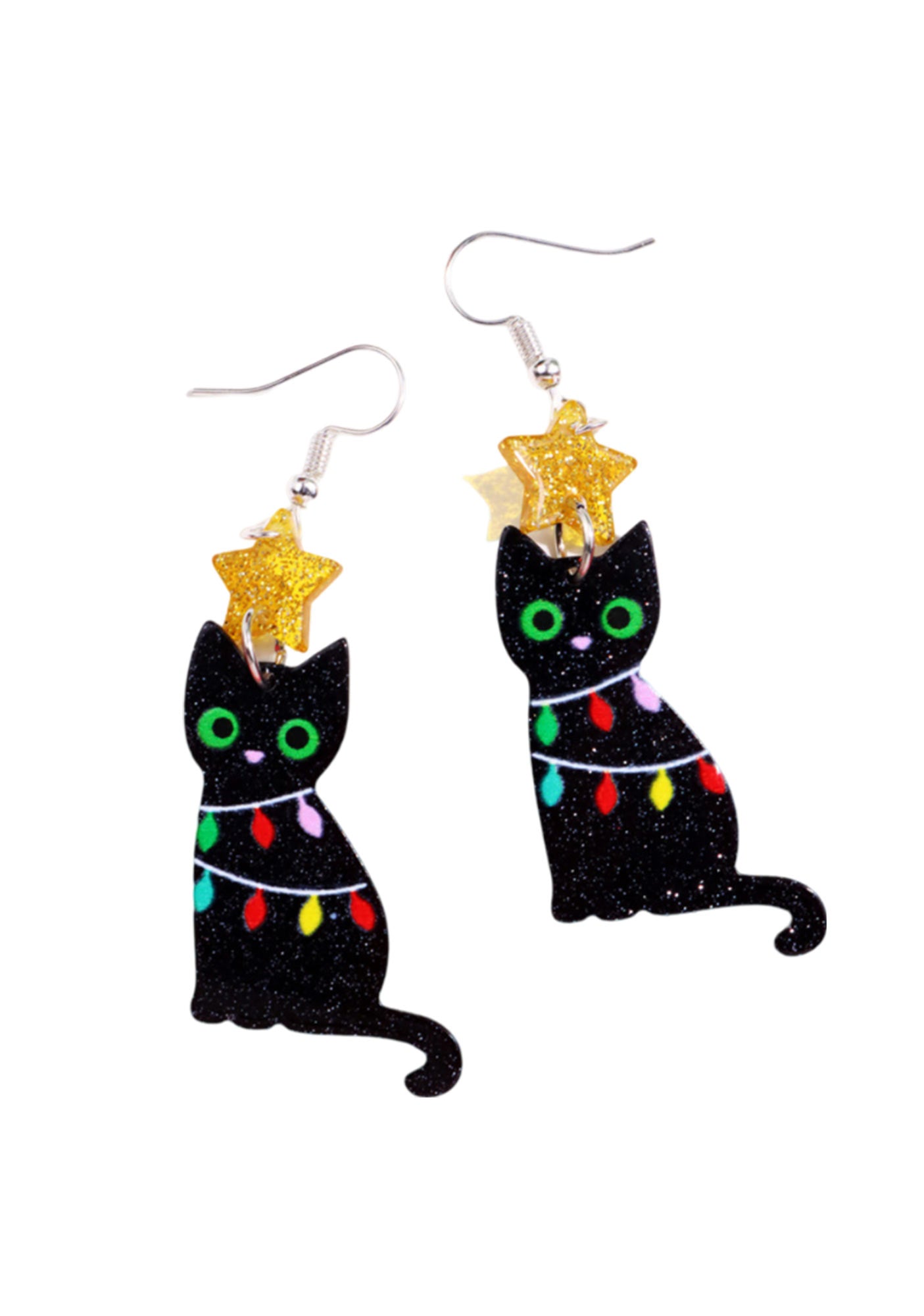 Christmas Y2K Colored Lights Black Cat Earrings Cherrykitten