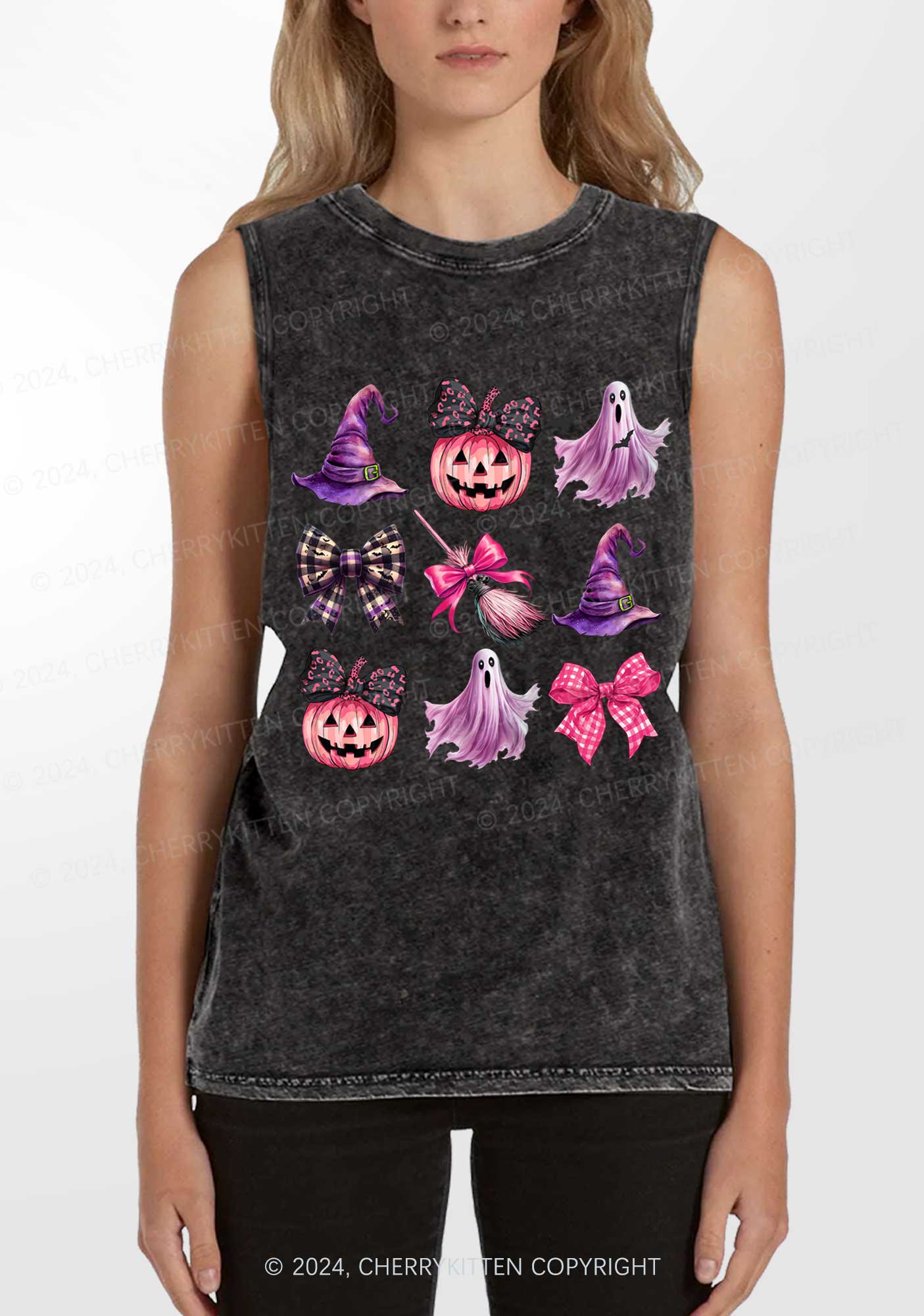 Halloween Pumpkin With Bows Y2K Washed Tank Cherrykitten