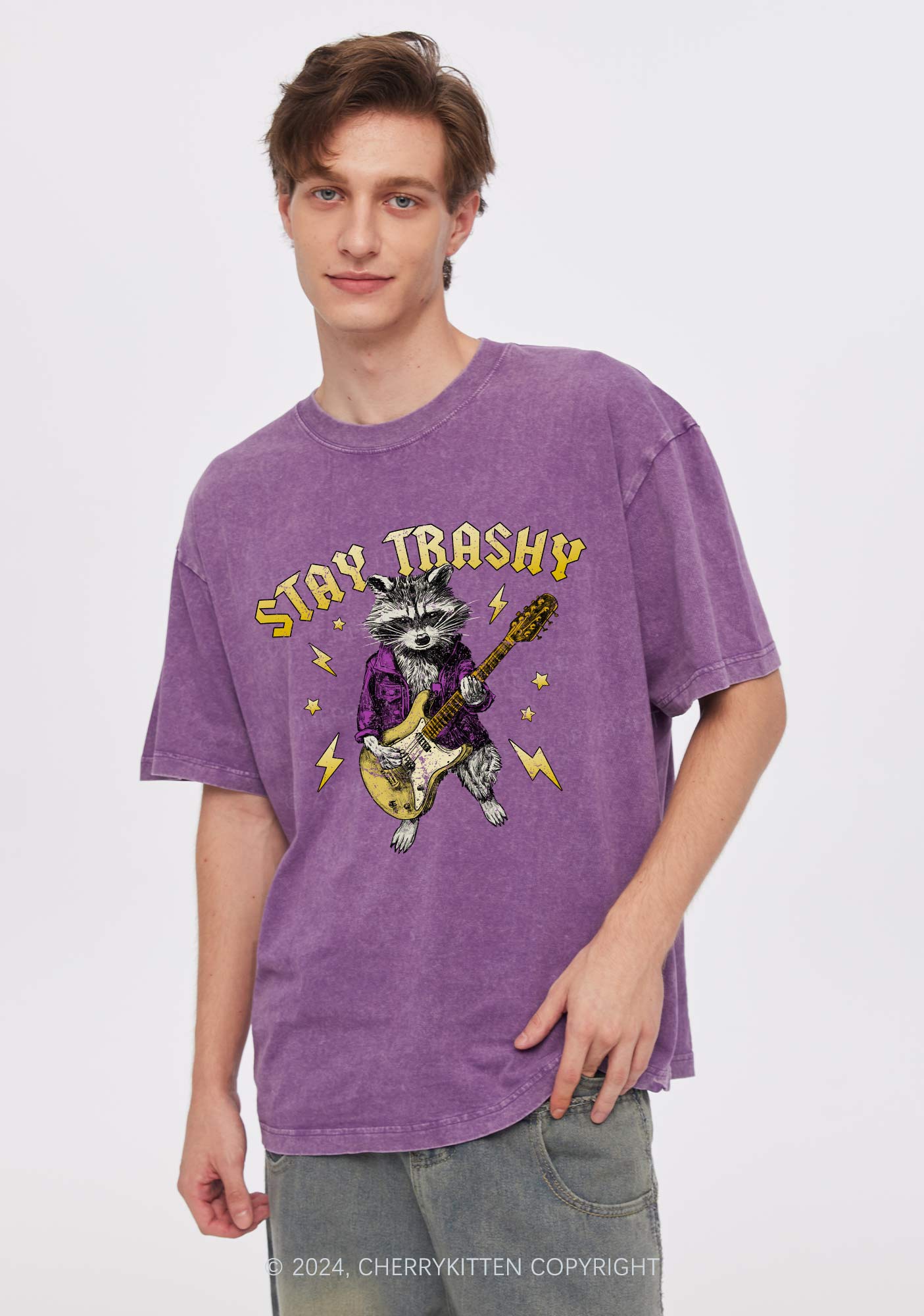 Stay Trashy Guitar Raccoon Y2K Washed Tee Cherrykitten