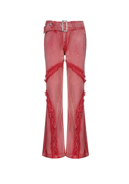 Splicing Contrasting Color Tassel Metal Button Belt Pants