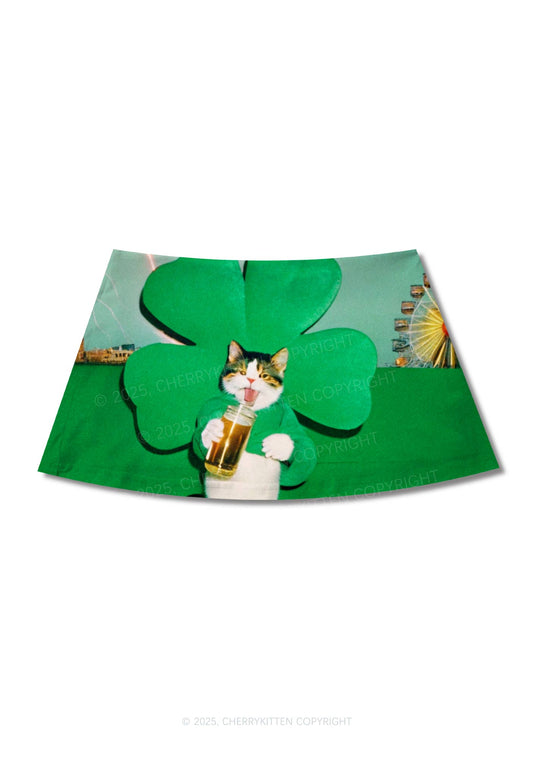 Lucky Cat St Patricks Y2K Print Mini Skirt Cherrykitten