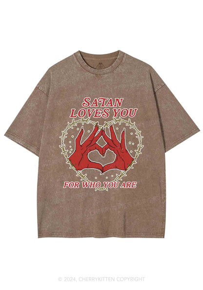 Satan Loves You Heart Halloween Y2K Washed Tee Cherrykitten