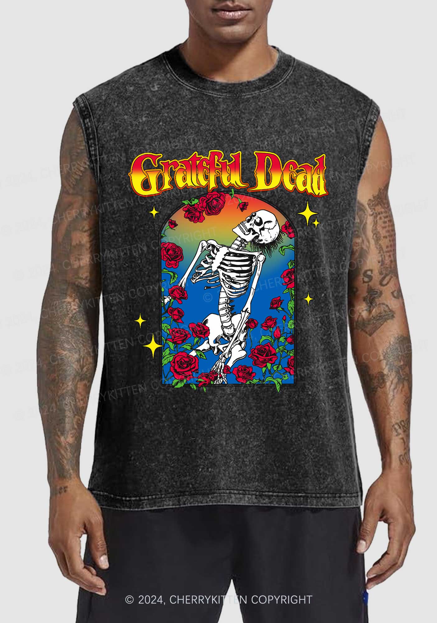 Halloween Skeleton Rose Y2K Washed Tank Cherrykitten