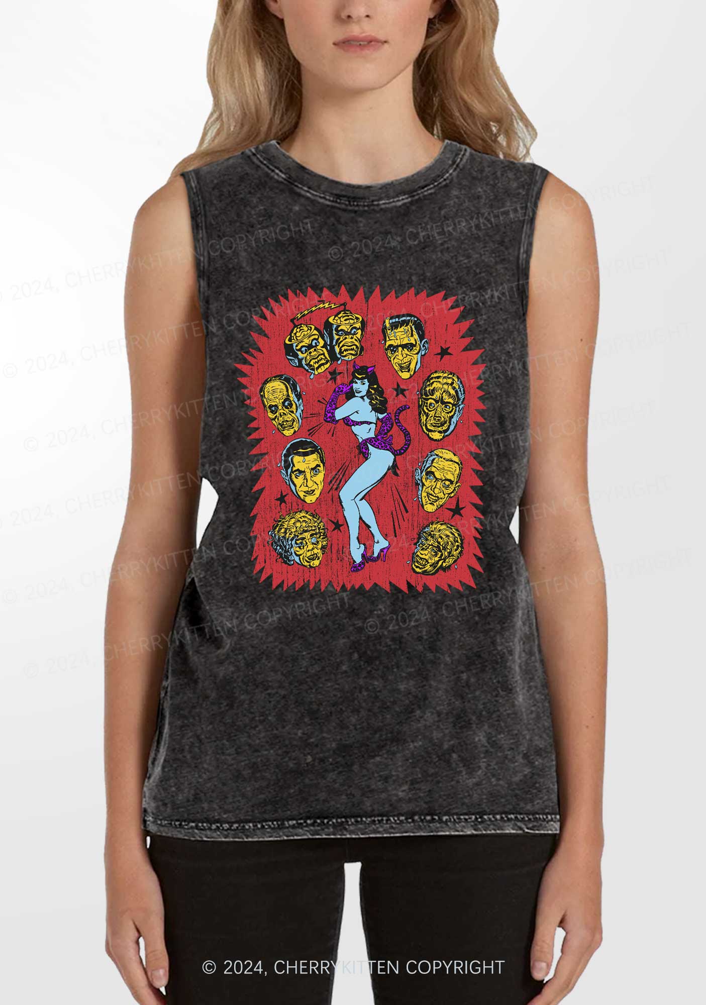 Halloween Vampira And Monsters Y2K Washed Tank Cherrykitten